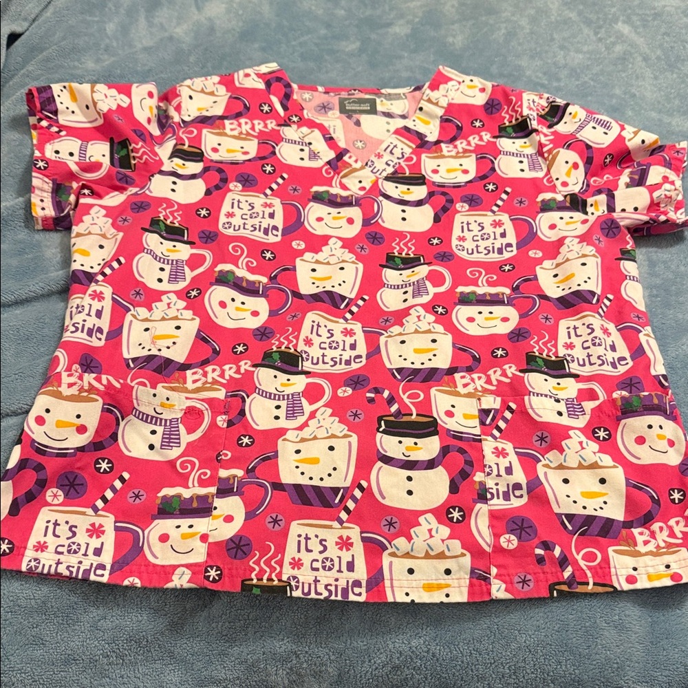 Cheerful Snowman Scrub Top for nurses